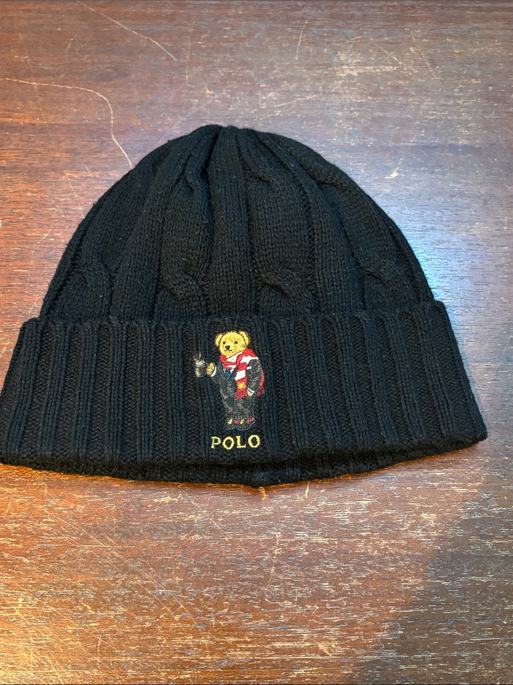 Polo by Ralph Lauren Black Knit Bear Beanie with Embroidered Polo Logo